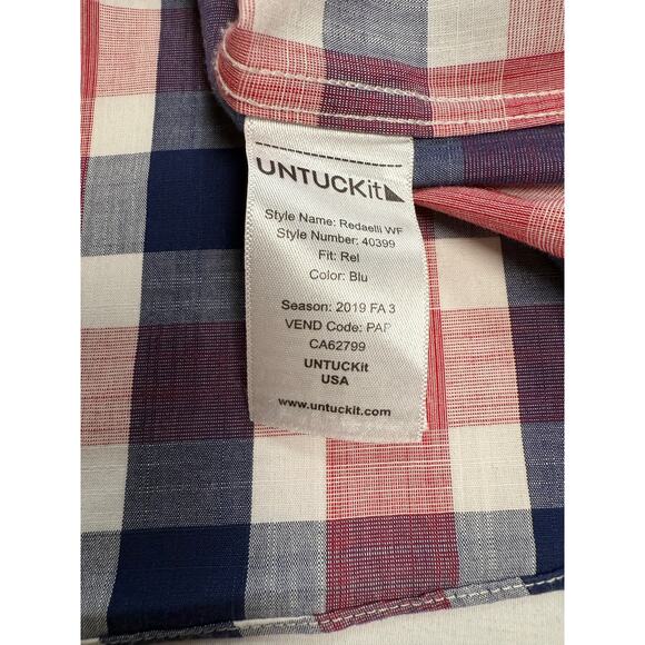 UNTUCKit Button Up Shirt Size LRG Blue Red Plaid Cotton Wrinkle Free Redaelli WF - Picture 9 of 10